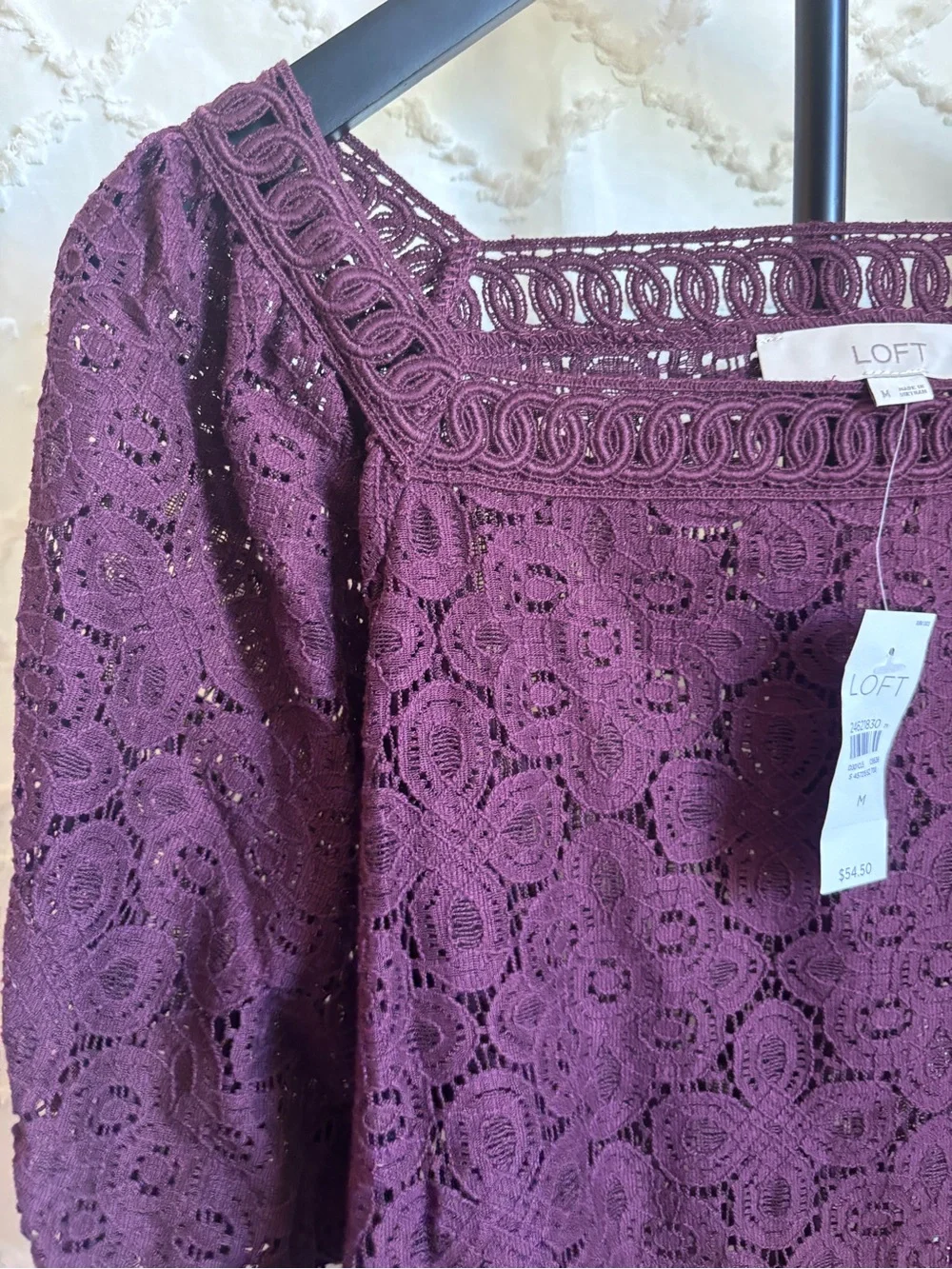 NWT LOFT Plum Lace Blouse Medium Square Neck Crochet Eyelet Puff Sleeve Top